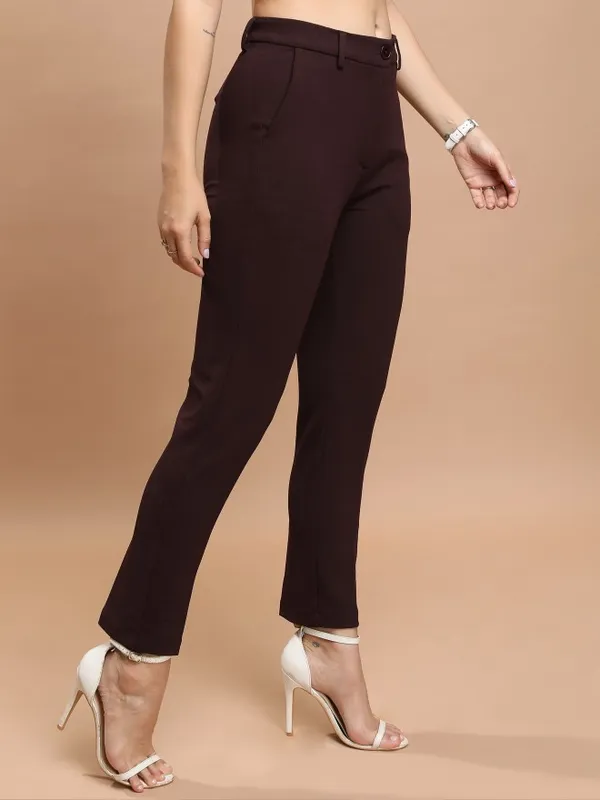  Tokyo Talkies Women Brown Solid Regular Fit Casual Trousers