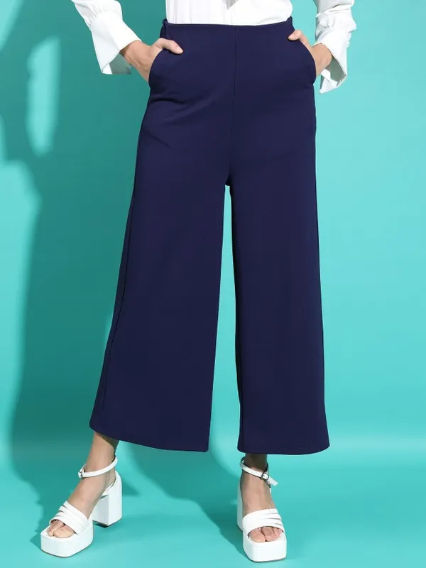  Tokyo Talkies Women Navy Blue Self Design Flared Casual Trousers