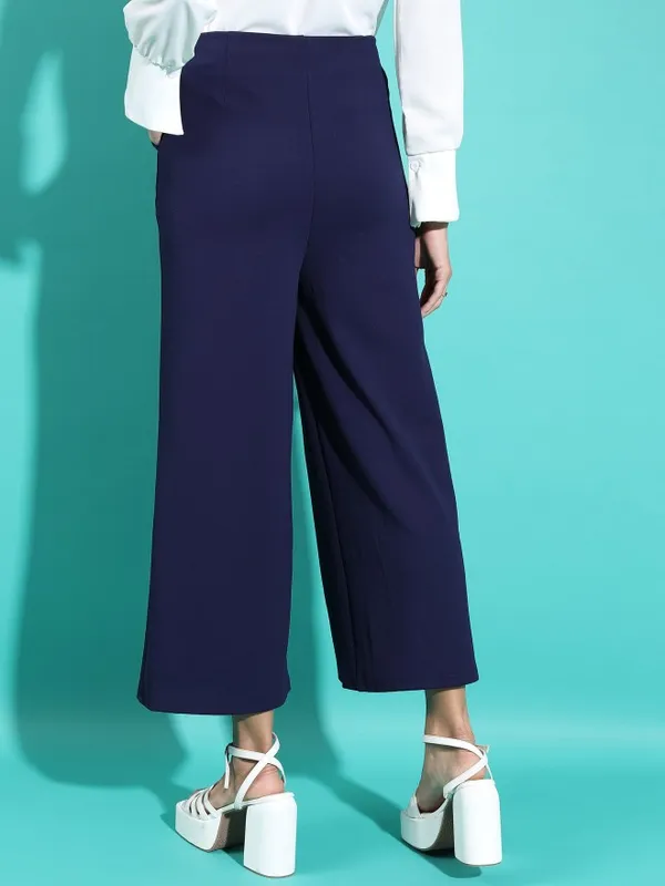  Tokyo Talkies Women Navy Blue Self Design Flared Casual Trousers