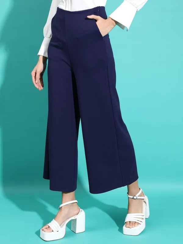  Tokyo Talkies Women Navy Blue Self Design Flared Casual Trousers