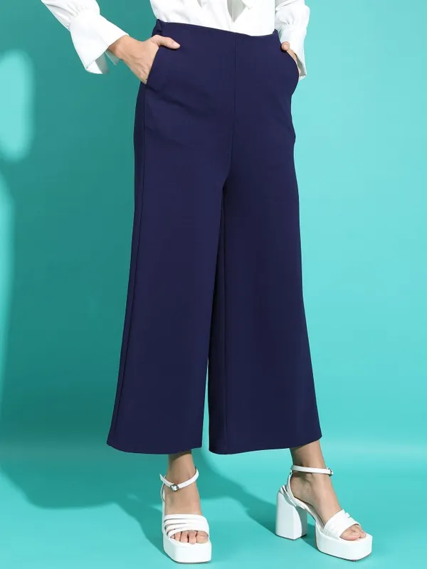  Tokyo Talkies Women Navy Blue Self Design Flared Casual Trousers