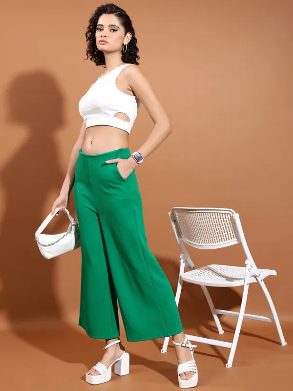  Tokyo Talkies Women Green Solid Flared Casual Trousers