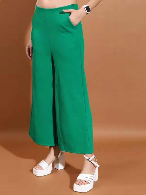  Tokyo Talkies Women Green Solid Flared Casual Trousers