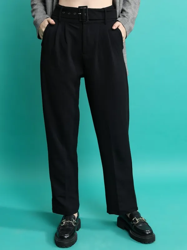  Tokyo Talkies Women Black Solid Regular Fit Casual Trousers