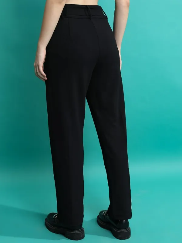  Tokyo Talkies Women Black Solid Regular Fit Casual Trousers