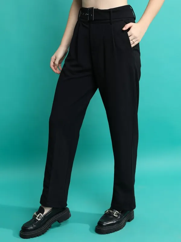  Tokyo Talkies Women Black Solid Regular Fit Casual Trousers