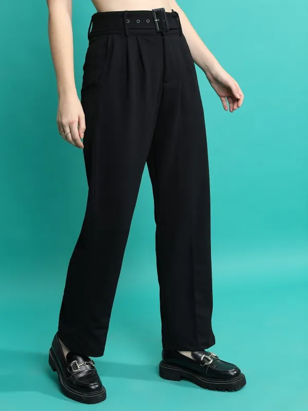  Tokyo Talkies Women Black Solid Regular Fit Casual Trousers