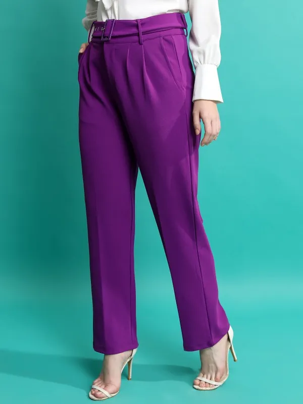  Tokyo Talkies Women Purple Solid Regular Fit Casual Trousers