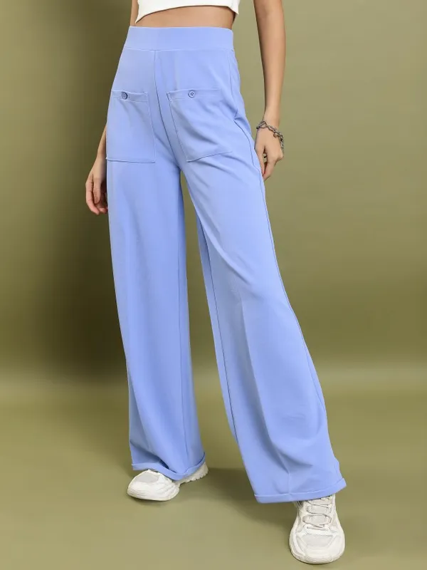  Tokyo Talkies Women Blue Solid Flared Casual Trousers