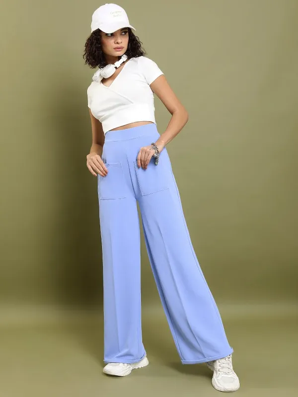  Tokyo Talkies Women Blue Solid Flared Casual Trousers