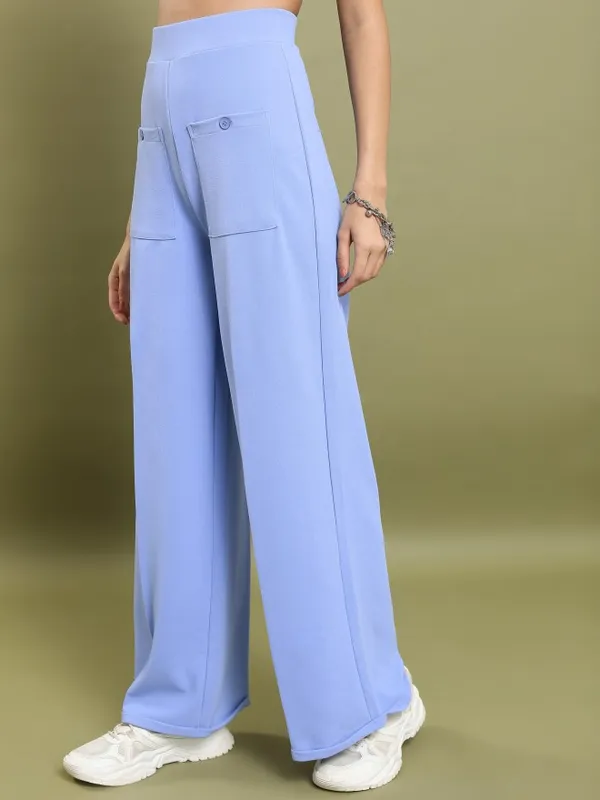  Tokyo Talkies Women Blue Solid Flared Casual Trousers