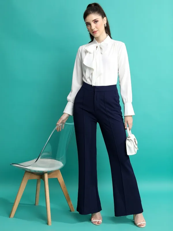  Tokyo Talkies Women Navy Blue Solid Flared Casual Trousers