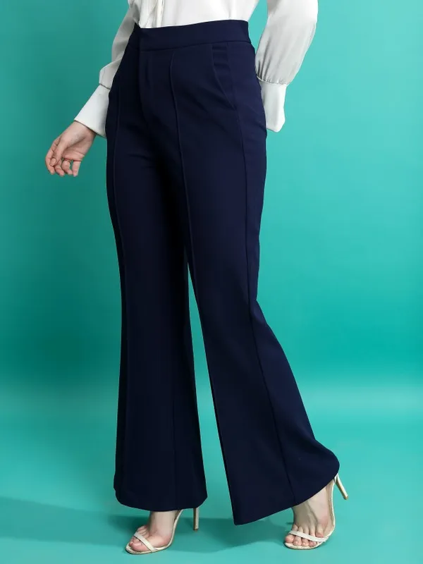  Tokyo Talkies Women Navy Blue Solid Flared Casual Trousers