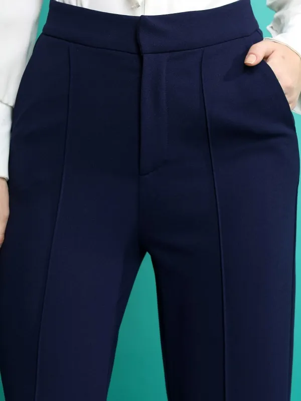  Tokyo Talkies Women Navy Blue Solid Flared Casual Trousers