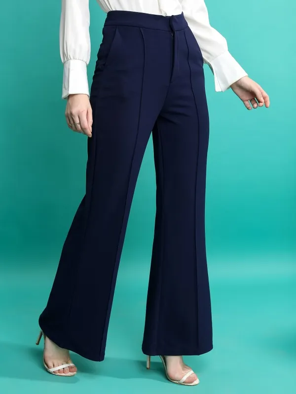  Tokyo Talkies Women Navy Blue Solid Flared Casual Trousers