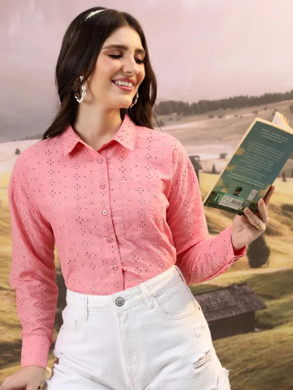  Tokyo Talkies Women Pink Self Design Casual Shirts