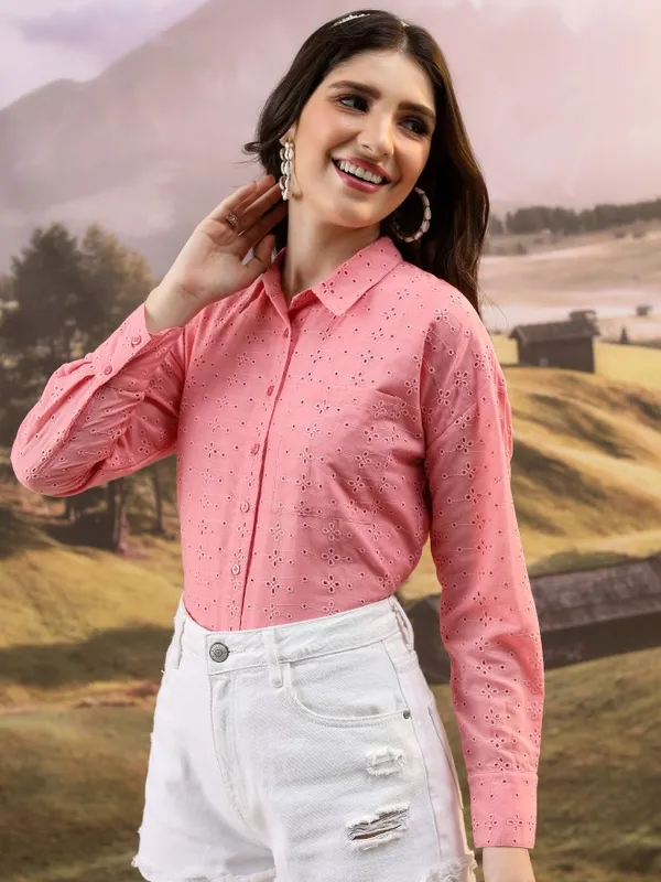  Tokyo Talkies Women Pink Self Design Casual Shirts