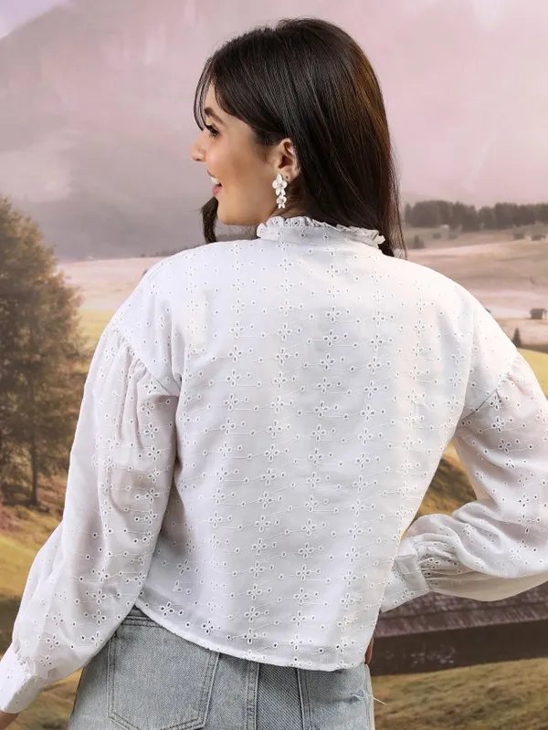 Tokyo Talkies Women White Self Design Blouson Top