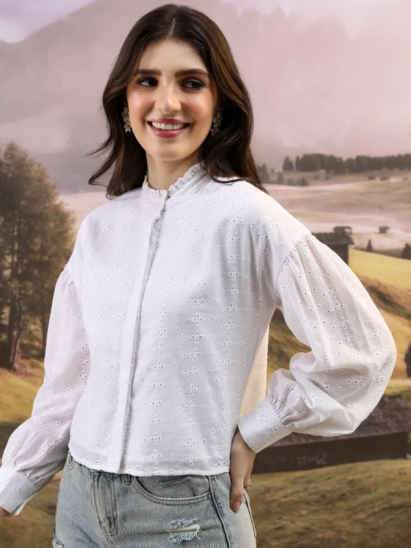 Tokyo Talkies Women White Self Design Blouson Top