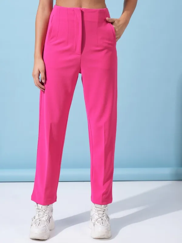 Tokyo Talkies Women Pink Solid Straight Fit Casual Trousers