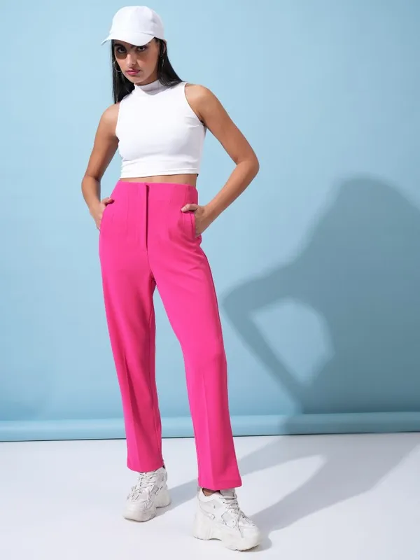  Tokyo Talkies Women Pink Solid Straight Fit Casual Trousers