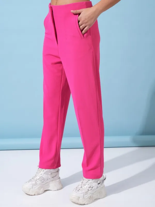  Tokyo Talkies Women Pink Solid Straight Fit Casual Trousers