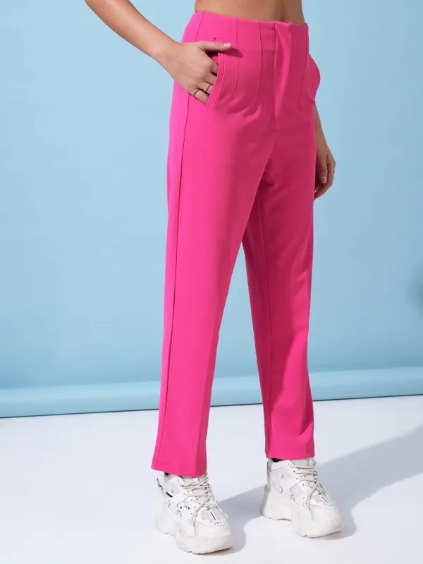  Tokyo Talkies Women Pink Solid Straight Fit Casual Trousers