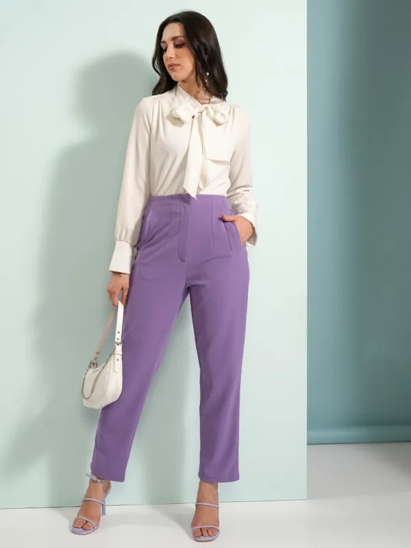  Tokyo Talkies Women Purple Solid Regular Fit Casual Trousers