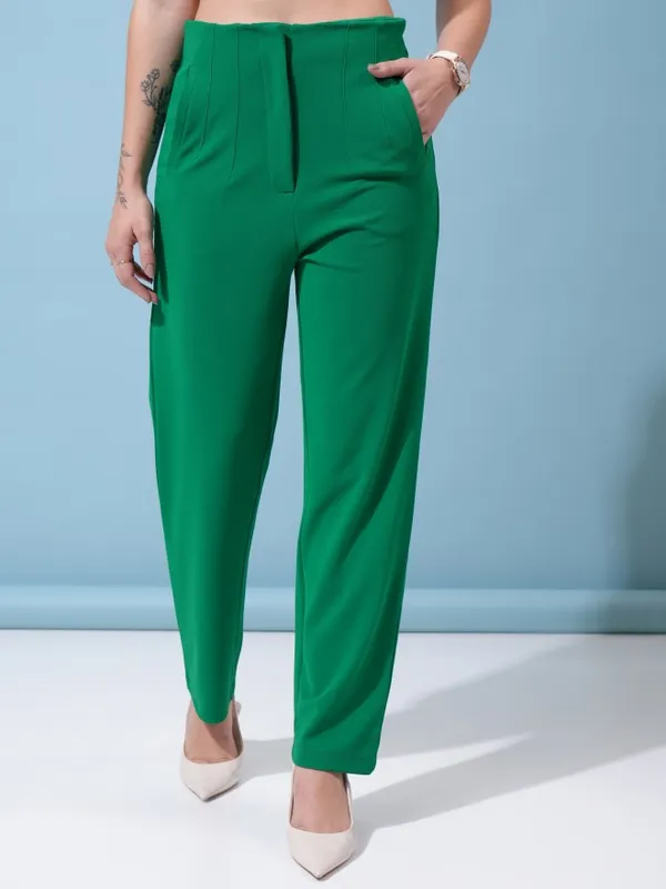  Tokyo Talkies Women Green Solid Regular Fit Casual Trousers