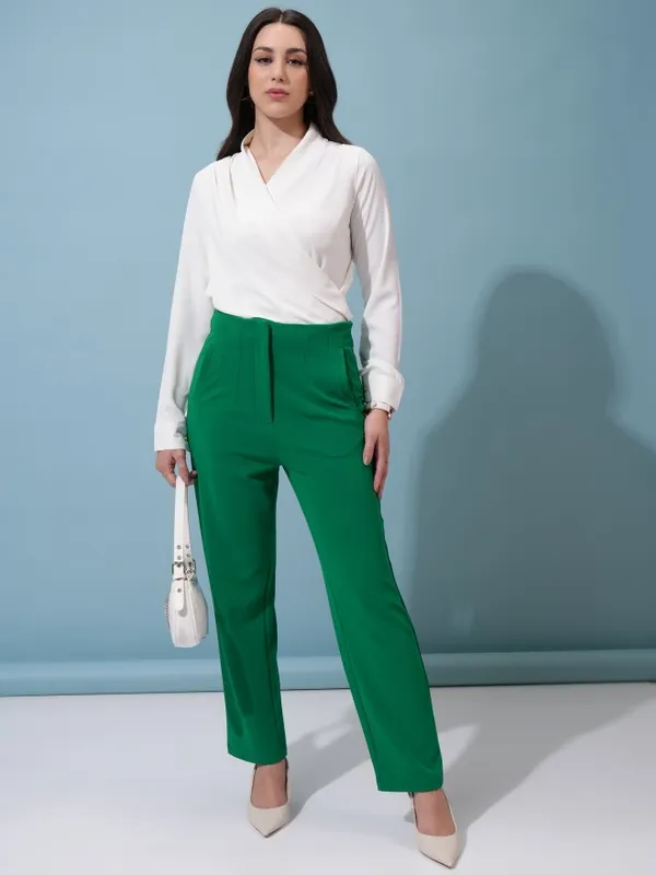  Tokyo Talkies Women Green Solid Regular Fit Casual Trousers