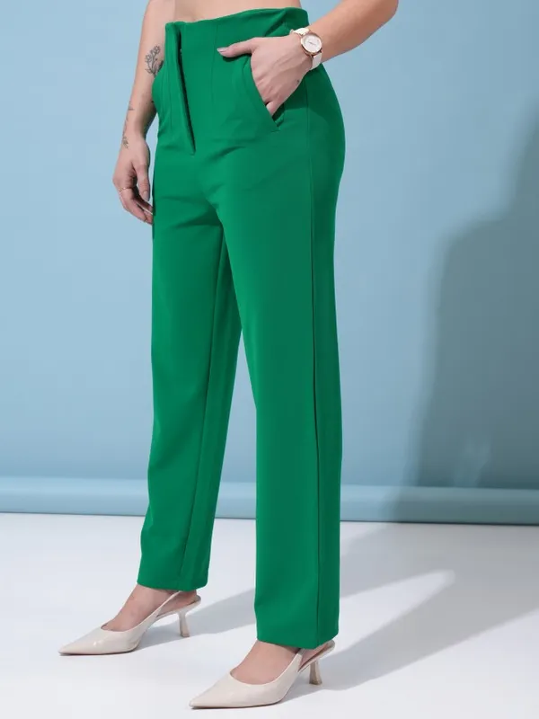  Tokyo Talkies Women Green Solid Regular Fit Casual Trousers