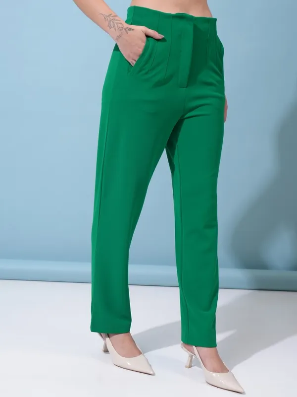  Tokyo Talkies Women Green Solid Regular Fit Casual Trousers