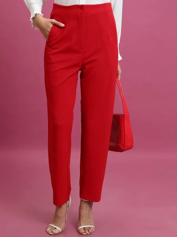  Tokyo Talkies Women Red Solid Slim Fit Casual Trousers