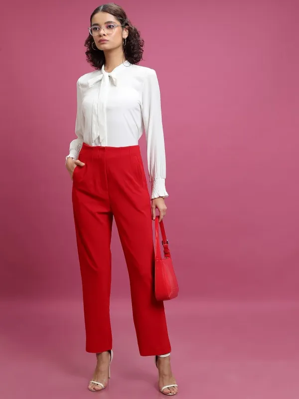  Tokyo Talkies Women Red Solid Slim Fit Casual Trousers