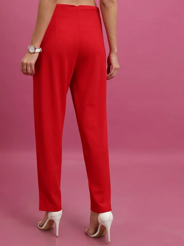  Tokyo Talkies Women Red Solid Slim Fit Casual Trousers