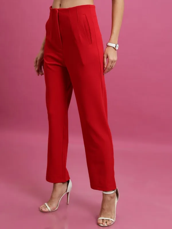  Tokyo Talkies Women Red Solid Slim Fit Casual Trousers