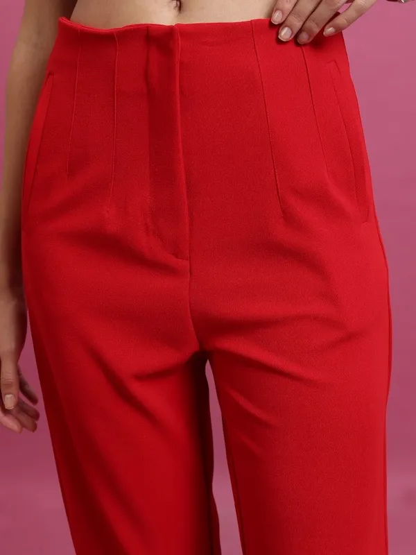  Tokyo Talkies Women Red Solid Slim Fit Casual Trousers
