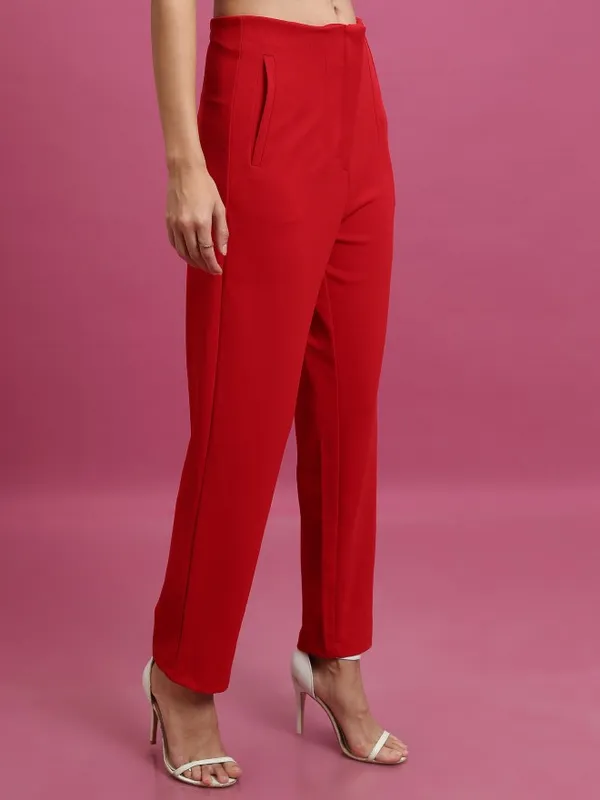  Tokyo Talkies Women Red Solid Slim Fit Casual Trousers