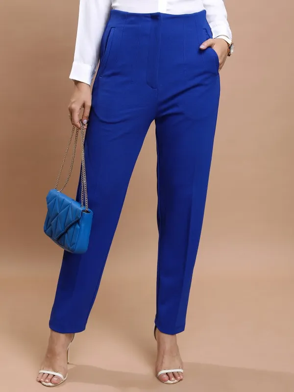  Tokyo Talkies Women Blue Solid Regular Fit Casual Trousers