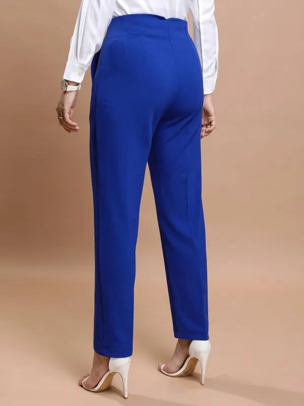  Tokyo Talkies Women Blue Solid Regular Fit Casual Trousers