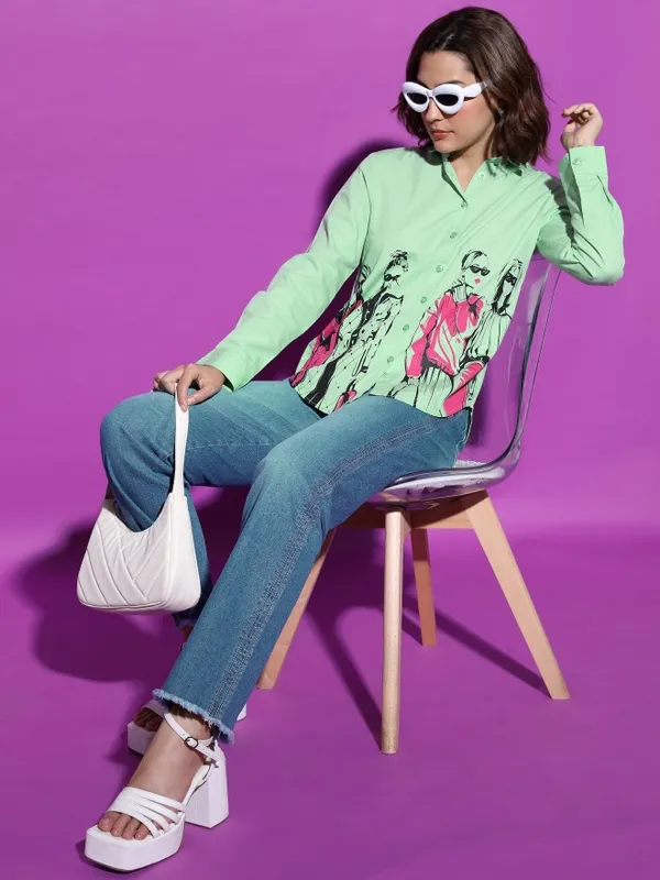  Tokyo Talkies Women Green Printed Casual Shirts