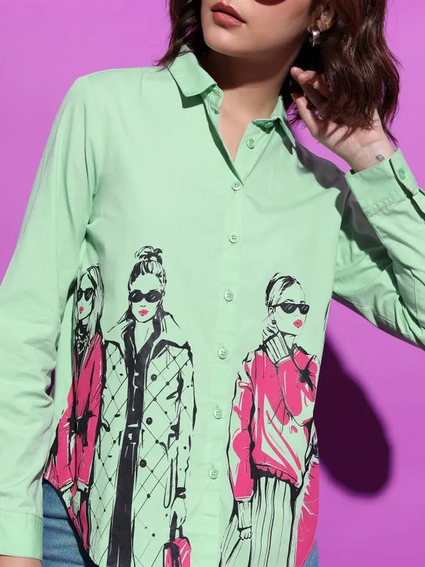 Tokyo Talkies Women Green Printed Casual Shirts