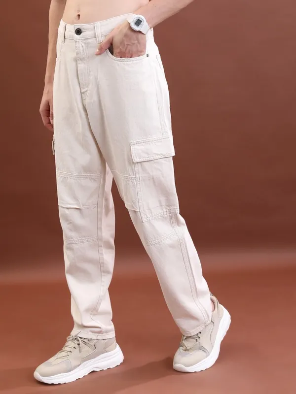  Highlander Men Cream Relaxed Fit Clean Look Jeans