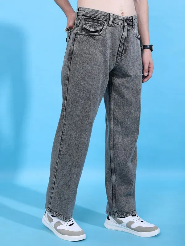  Highlander Men Grey Wide Leg Clean Look Jeans