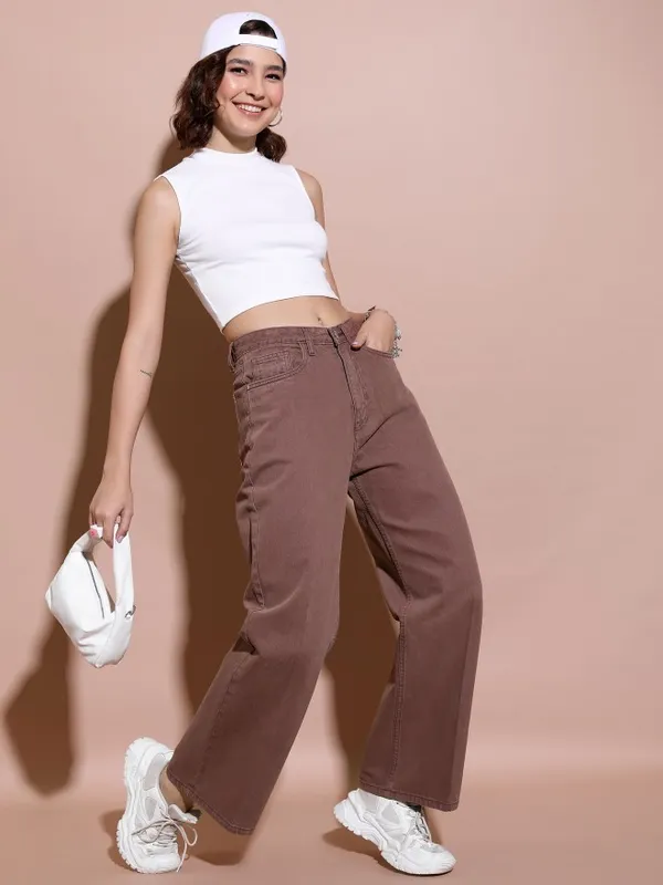  Tokyo Talkies Women Brown Wide Leg Clean Look Jeans