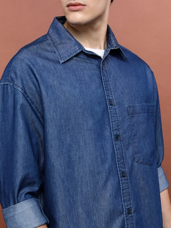  Highlander Men Blue Solid Oversized Fit Casual Shirts