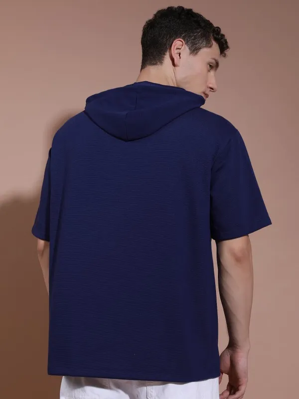 Ketch Men Navy Solid Hooded Oversized T-Shirt