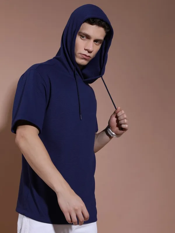 Ketch Men Navy Solid Hooded Oversized T-Shirt