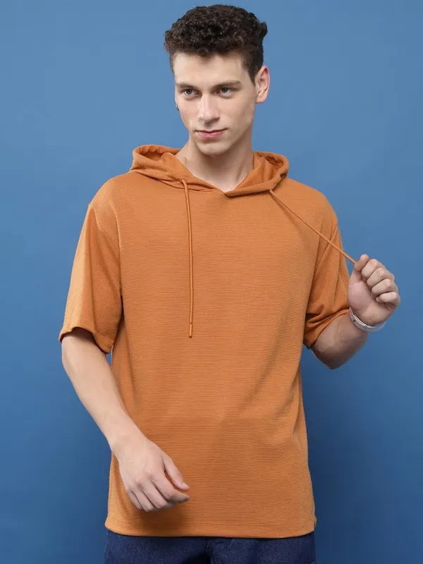 Ketch Men Rust Solid Hooded Oversized Fit T-Shirt