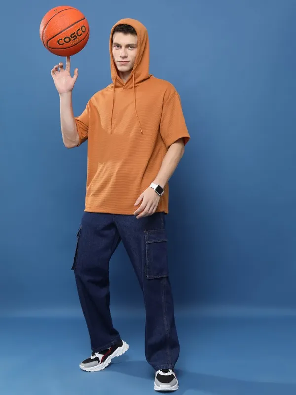 Ketch Men Rust Solid Hooded Oversized Fit T-Shirt
